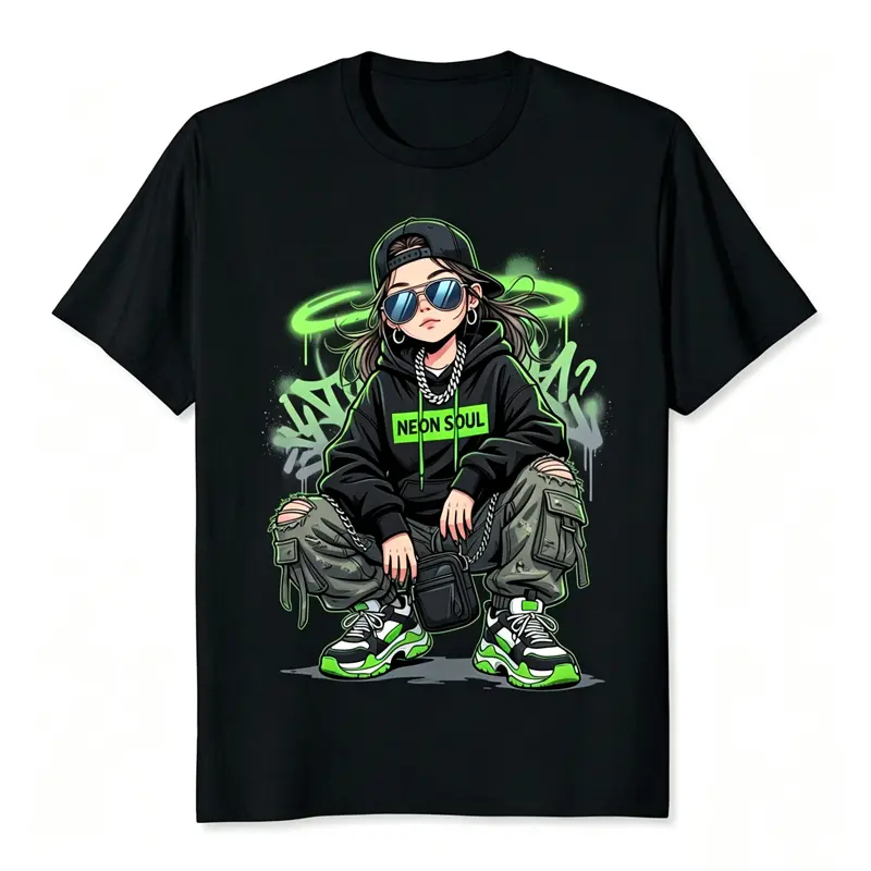 Neon Soul Anime Girl Graphic Tee Black Streetwear T Shirt Urban Hip Hop Aesthetic Oversized Top Neon Green Graffiti Design Y2K Trendy Unisex Shirt