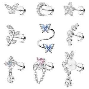 9 Pack Cartilage Earrings Stainless Steel Flat Bottomed Lip Studs Diamond Studded Ear Studs Beauty & Personal Care