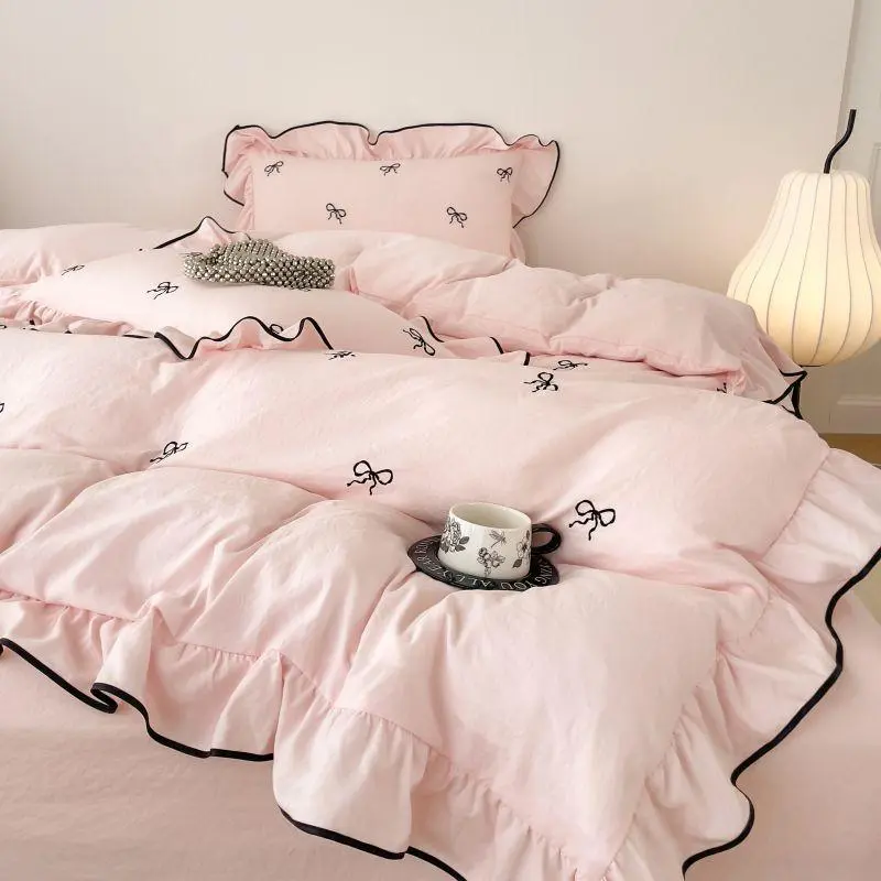 Bow Embroidery Bedding Set, 1 Count Duvet Cover & 2 Counts Pillowcases without Filler, Soft Comfortable Bedding Set for Home Bedroom Dormitory Hotel, Soft Bedding Sets, Comfy Bedding Set, Embroidered Bed Set