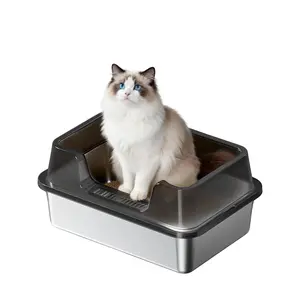 High Sided Stainless Steel Cat Litter Box with Lid, Scoop, Easy to Clean, Appropriate Metal Litter Pan for All Cat