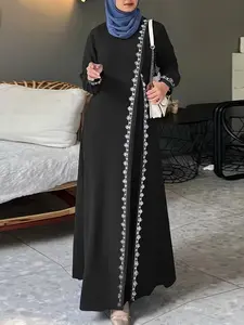 Elegant Spring Lace Knit Long Dress, Muslim Turkish Robe, Loose Fit Women's Long Sleeve Round Neck Islamic Gown, Muslim Women Gowns