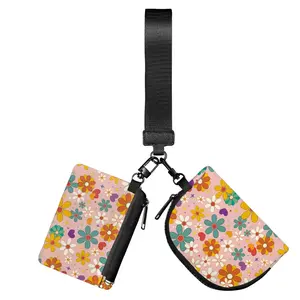 【Buy 1 Get 1 Free】Hippie Flower Mini Metal Zipper Wristlet Wallet - Women's Fashion Purses with Detachable Strap, Polyester Fabric, Graduation Gifts for Girls Dual Pouches, 2 Coin Bags, Card Holder,
