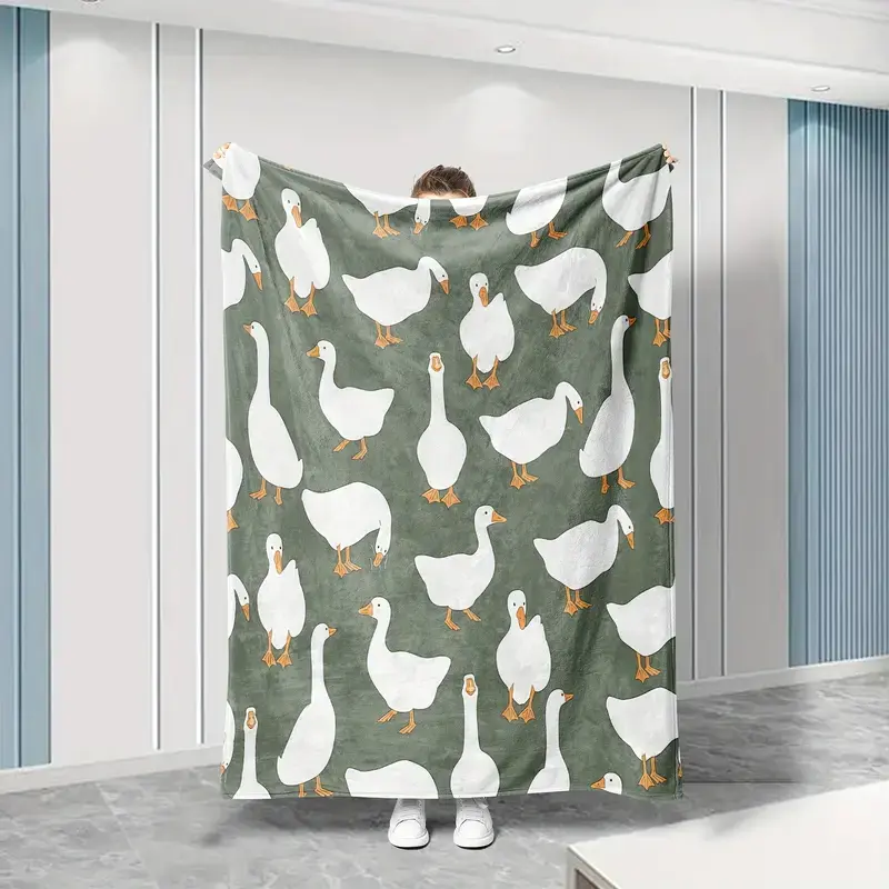 Soft Funny Throw Blanket Sage Green Plush Flannel Throw Blanket with Cute White Goose Print, Soft Cozy Warm Fuzzy Animal Character & Bird Motif Blanket for Bedroom Sofa, Ideal Gift for Home Decor Enthusiasts, Animal Character Blankets, Bird Motif Blankets
