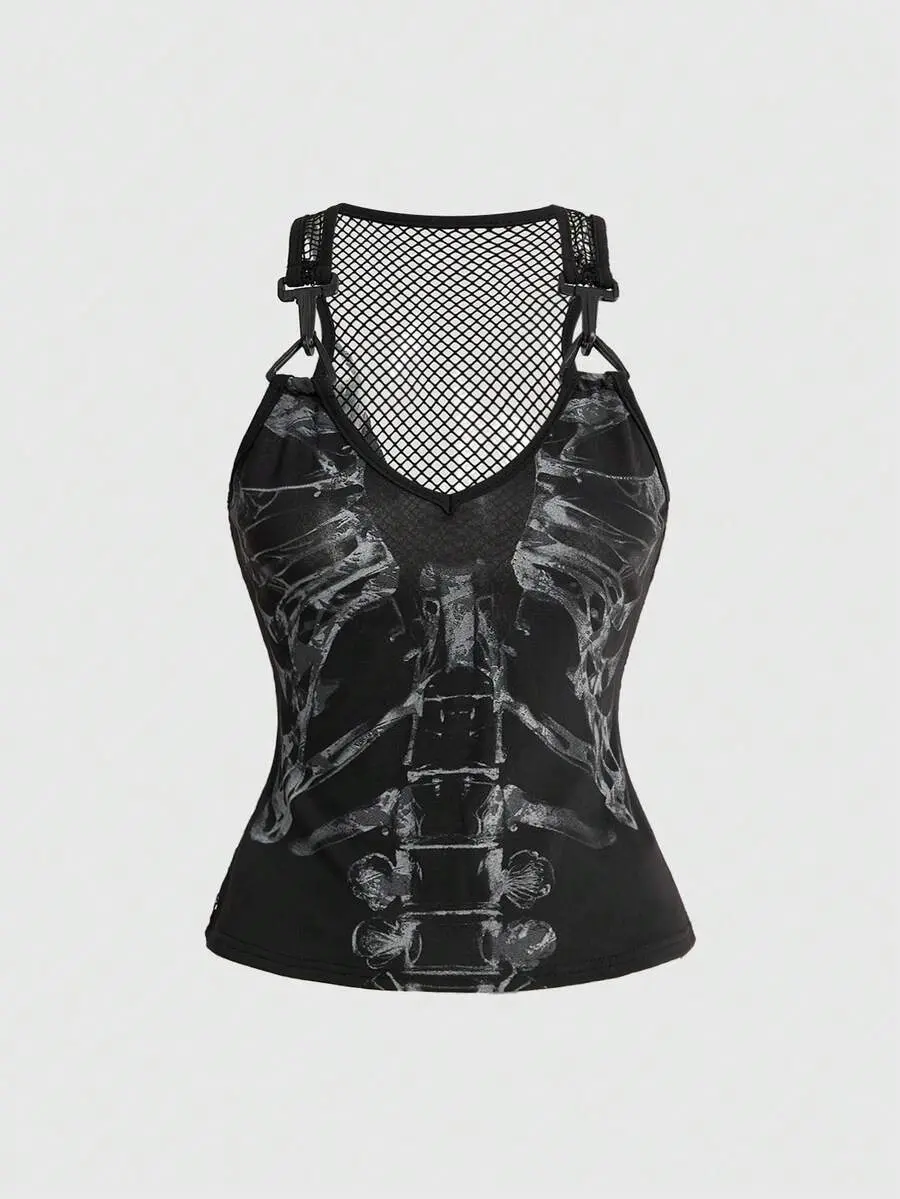 Goth Dark Skeleton Print Mesh Patchwork Tank Top