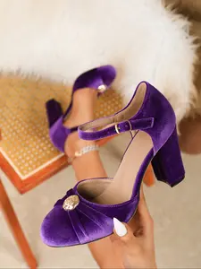 Elegant Vintage Latin Dance Shoes, Fashion Round Toe Chunky Mid Heel High Heels, Comfortable Textile Upper, Rubber Sole, Party Wear, Ballroom Shoes