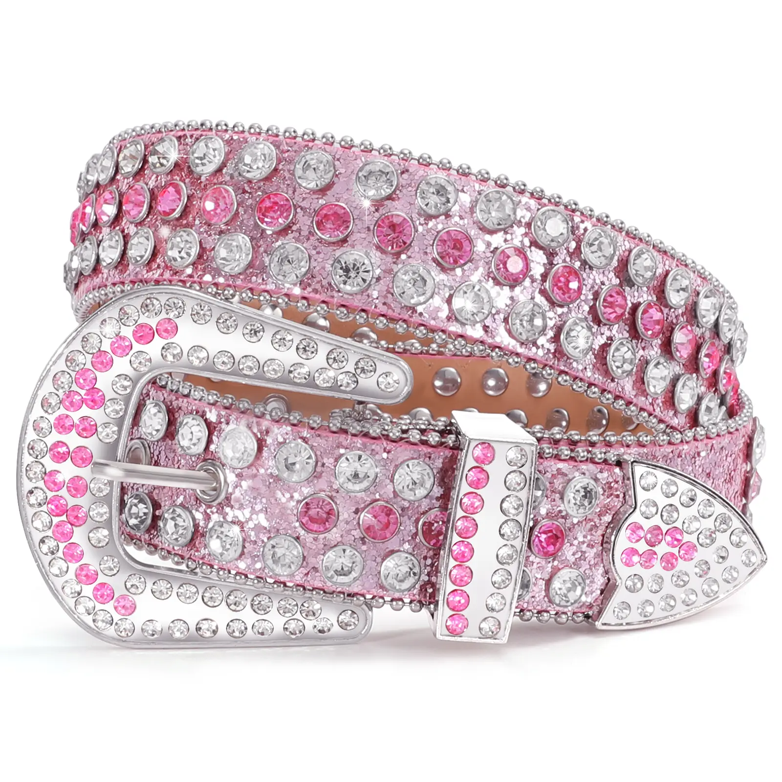 XZQTIVE Western Rhinestone Studded Leather Belt Cowboy Cowgirl Bling Waist Belt for Jeans Dress, Pink, Silver,Fit Waist Size 32-37 Inches