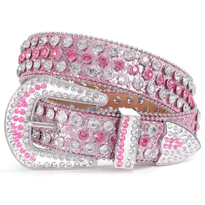 XZQTIVE Western Rhinestone Studded Leather Belt Cowboy Cowgirl Bling Waist Belt for Jeans Dress, Pink, Silver,Fit Waist Size 32-37 Inches