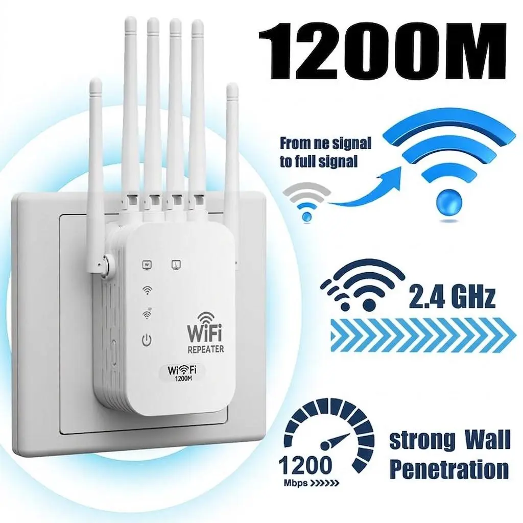 WiFi Extender Signal Booster 1200Mbps 6-Antenna Long Range AI Gigabit for Home Remote Work Eliminate Dead Zones