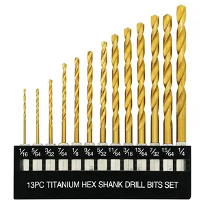13 count Titanium Coated Twist Hex Shank Drill Bit Set, 135 Degree Tip HSS Impact Drill Bit Set with Storage Case for Metal, Aluminum, Steel, , Plastic, Quick Change Design 1/16" to 1/4"