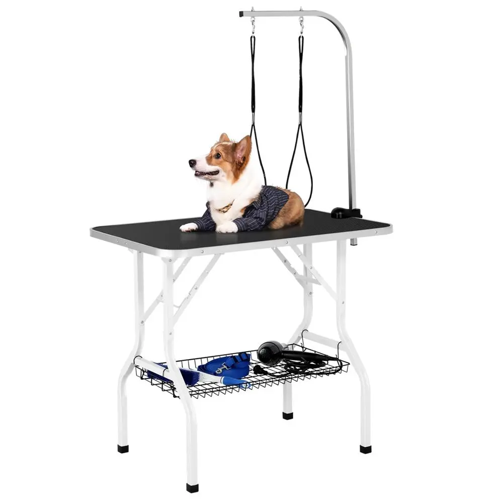 Costoffs 36” Professional Dog & Cat Grooming Table with Storage Basket, Foldable Pet Bed, Adjustable Arm, 2 Loops
