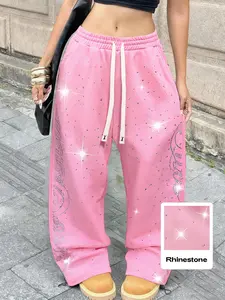 New Rhinestone Design High-Quality Sweatpants, Cross Drawstring, Fashion Single Piece, Casual Fitted Pants, Casual Streetwear Pants for All Seasons