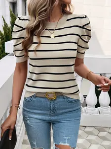 ZAFUL Women's Chic Striped Crew Neck Knit Top - Casual Short Sleeve Sweater with Black & White Vertical Stripes, Soft Viscose Blend, Perfect for Casual Attire, Ladies Sweaters, ZAFUL