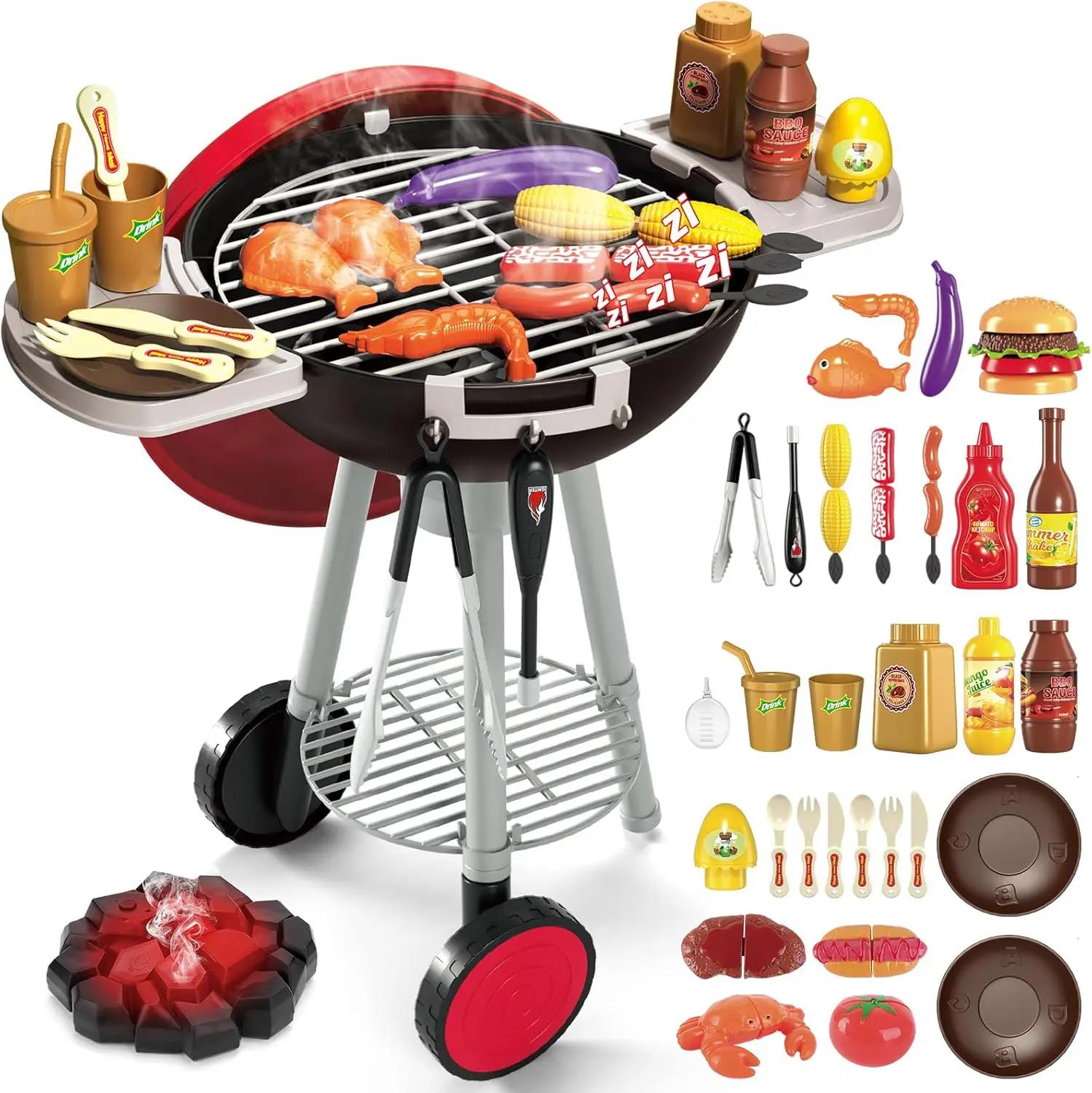 34PCS BBQ Grill Set for Kids - Kitchen Playset With Realistic Spray, Light & Sound - Interactive Toddler Toy for Boys Girls - Christmas Birthday Gift
