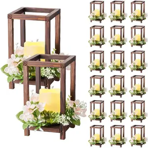 VEVOR 12-Set Wooden Wedding Lantern Centerpieces (36 Pcs), Includes Wooden Lantern Candle Holders, Flameless LED Candles, Eucalyptus Leaf Wreaths for Wedding Table, Farmhouse Home Decor, White