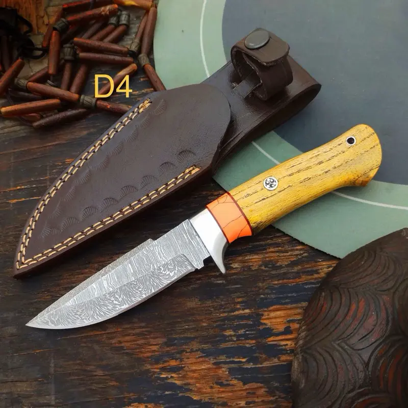 Handmade Damascus Steel Fixed-Blade Knife - Outdoor Fixed Length Utility Tool, Nonslip Textured Grip, Portable Bushcraft Tool, Wooden Handle, Leather Sheath for Camping & EDC Knife