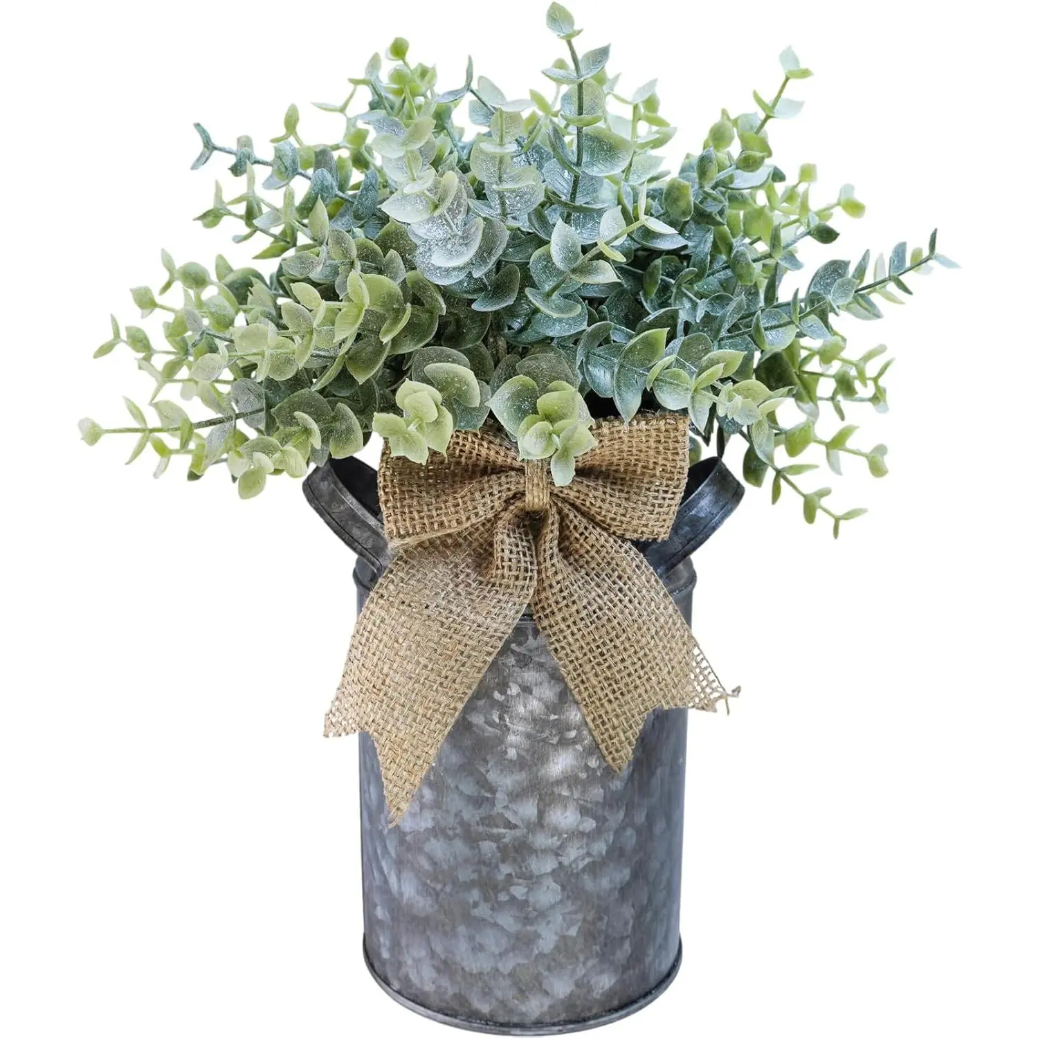 Set of 1 Farmhouse Faux Eucalyptus Arrangement Centerpiece Rustic Galvanized Metal Milk Can Vase Artificial Eucalyptus Bushes Greenery  for Wedding Kitchen Home Indoor Table Shelf Decor