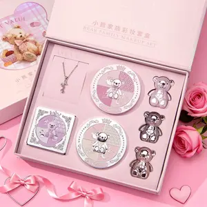 7 Piece Makeup Palette Set Includes Blush Powder Eyeshadow Bear Lipstick Necklace Mirror Gift Bag Card Valentine's Day Essential Beauty Kit