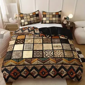 Vintage Tribal Geometric Patchwork Bedding Set, 2-3pcs (1 Fitted Sheet + 1-2 Pillowcases), High-Quality Print, Home Kitchen Decor