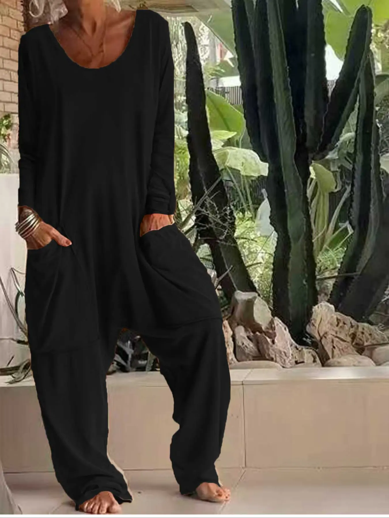 Fashionable Minimalist women's lady casual Basic Loose Baggy Knit Soft Solid Overall jumpsuits pocket jumpsuits Womenswear