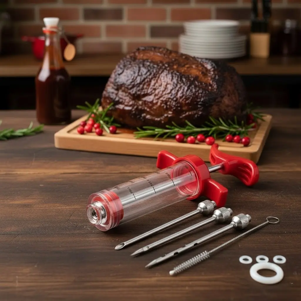 Portable Lightweight Compact Kitchen Meat Injector Kit - 1-oz Plastic Marinade Syringe with Seasoning Function, 3 Stainless Steel Needles, 3 O-Rings & 1 Cleaning Brush for Thanksgiving Turkey, BBQ