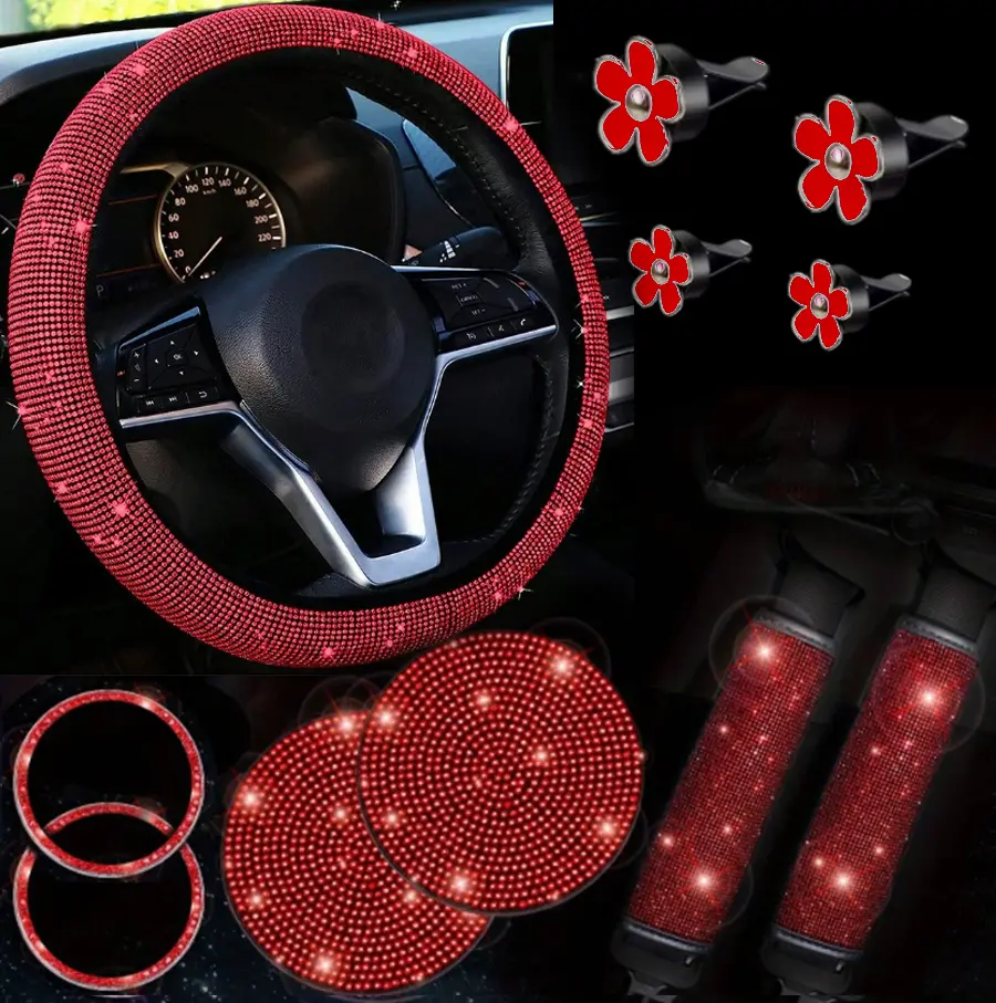 Sparkle Boujee Cute Cool Girls Car Interior Decor Accessories Set for Cars - 11pcs Polyester Kit: Steering Wheel Covers, Seat Belt Covers, Daisy Vent Clips, Cup Holder Coasters, Diamond Start Button Rings, Universal Fit for Most Vehicles, All-Season Use,