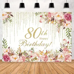 1pc 2D Flat 80th Birthday Party Decoration Banner - Elegant Flower Design Backdrop with Shimmer Accents, Polyester Cake Table Supply, No-Electricity Required Festive Decor