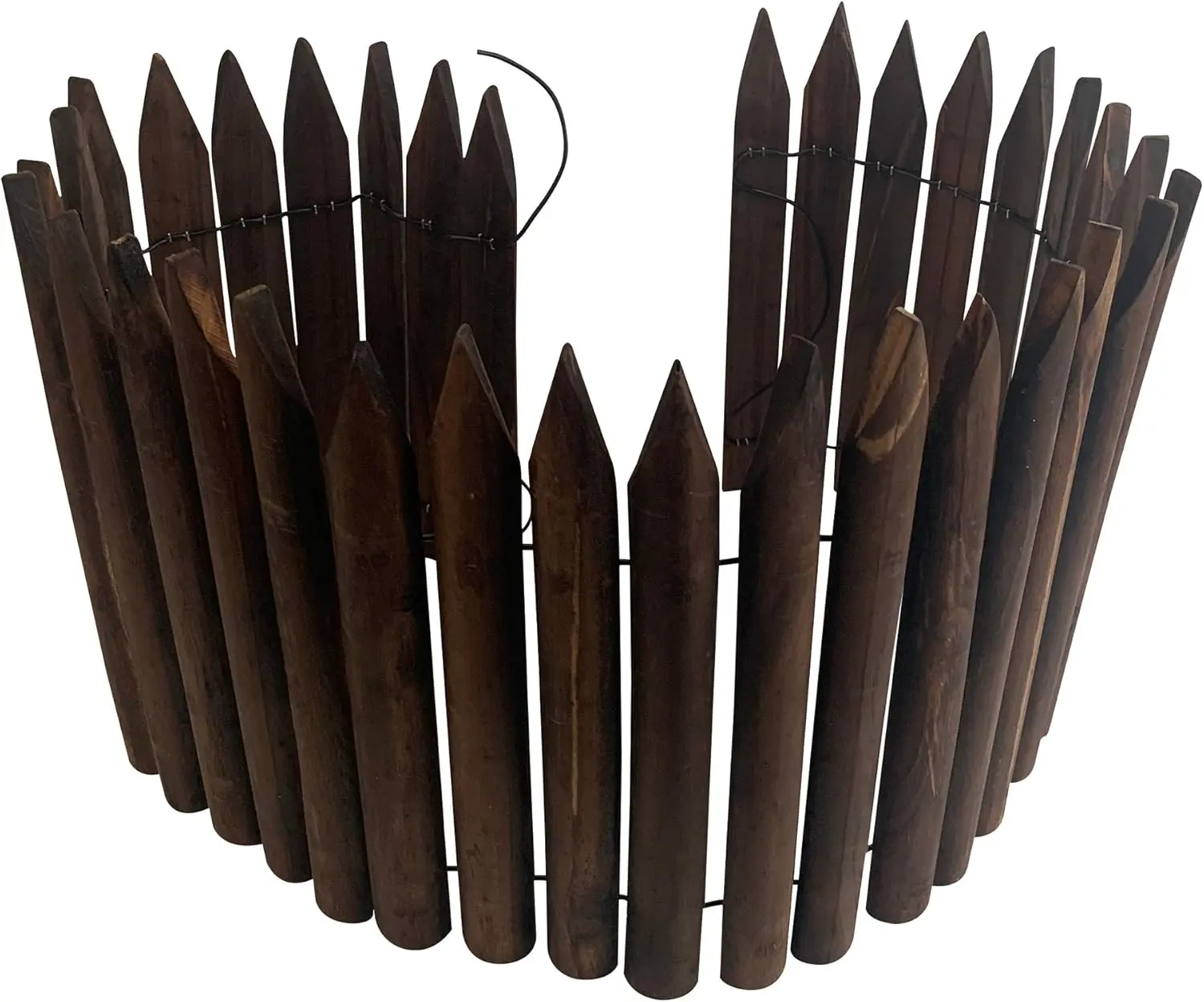 Davyline Outdoor Rustic Wooden Short Fence Lawn Edging - Burnt Wood Finish, Curved Flexible Garden Border, No Dig Easy Stake Setup for Flower Beds, Defines Flower Beds, 11.8in H x 42in L