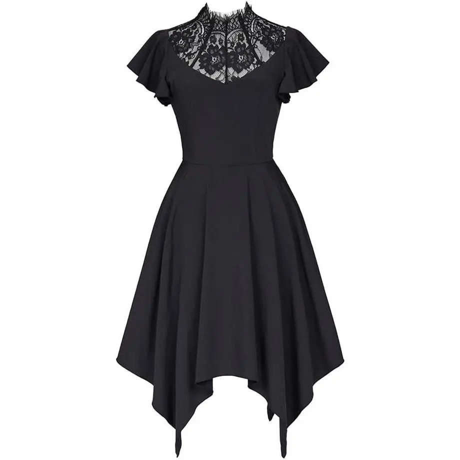 Women's Black Gothic Dresses Lace Neckline Vintage Party Dress Pirate Skater Dress