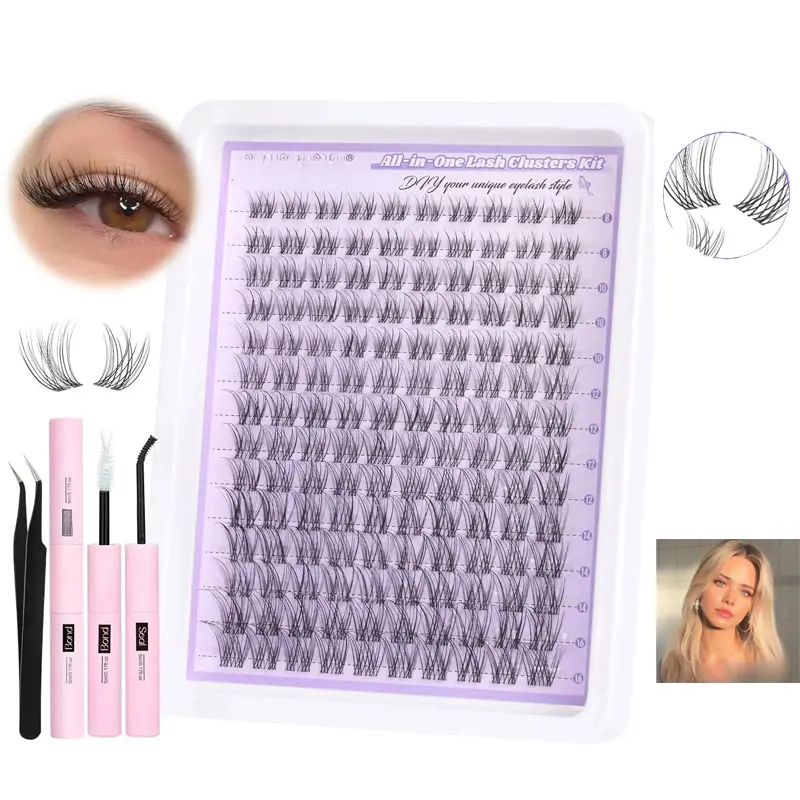 196Pcs Lash Clusters Kit with 4-7mm Seamless Lash Bands, 10-18mm Mix Length Individual Lashes, Natural Wispy Quick Apply Eyelash Extensions with Bond and Seal & Precision Tweezers, Salon Results at Home