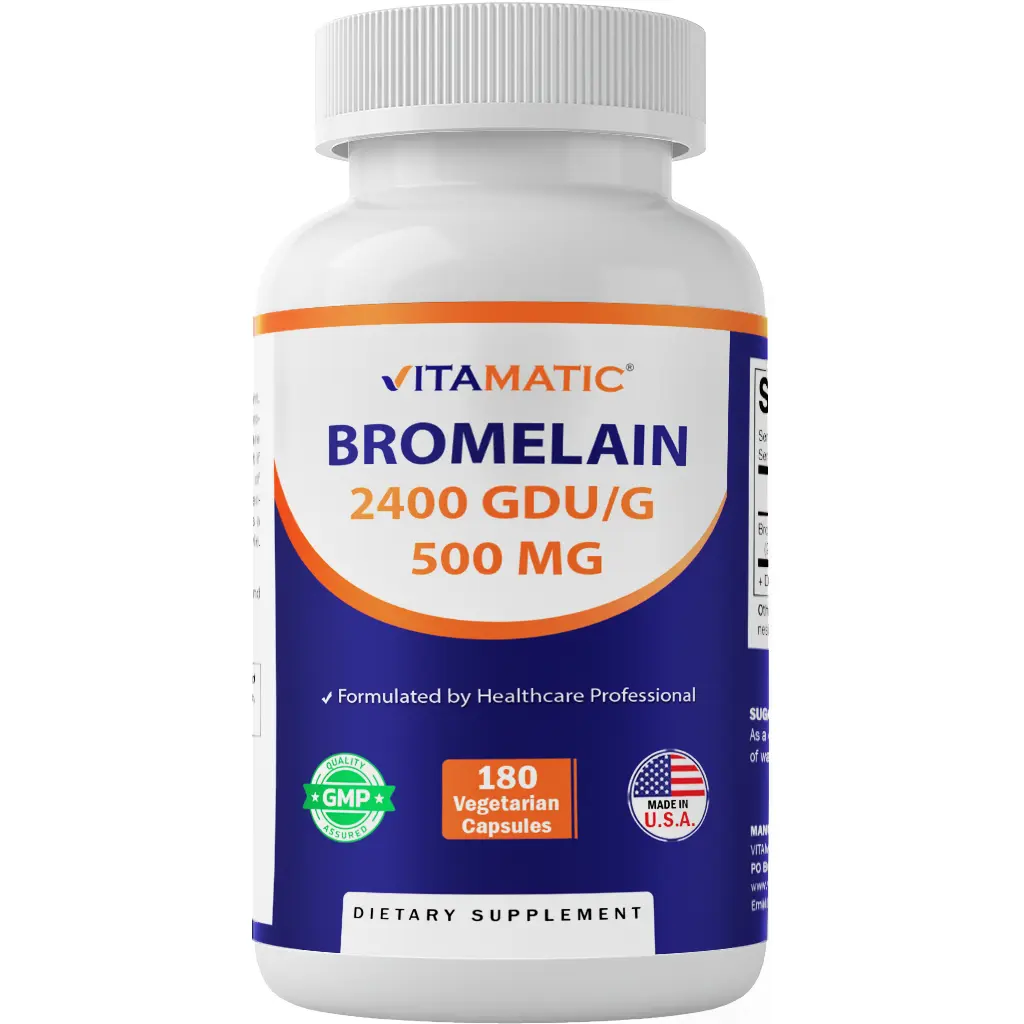 Vitamatic Bromelain Digestive Enzyme Dietary Supplement - 500mg, 2400 GDU/g, 180 Vegetarian Capsules - Gut Health Support, Non-GMO, Gluten-Free, Sugar-Free, Digestive Enzyme Supplement, Lactose Free