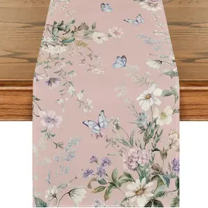 1 PC, Pink Floral Wildflower Leaf Spring Table Runner, Seasonal Summer Kitchen Dining Table Decoration For Home Party Decor