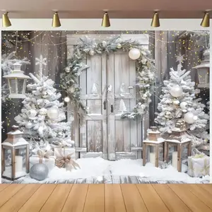 Winter Scene Backdrop Banners - Multi-Size (5x3FT/5x7FT), Snowy Barn Door Trees Gift Boxes Lanterns, Feather-Free Polyester, Home Decor Ornaments, Suitable for Christmas, Birthday Parties