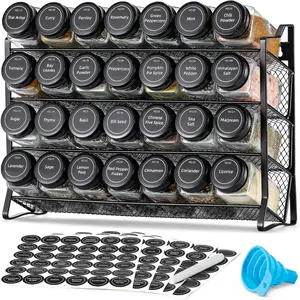 Durable 4-Layer Kitchen Spice Rack Organizer - Space Saver with 28 Glass Jars, Black Lids, Funnel, Spice Labels, for Countertop, Cabinet Storage