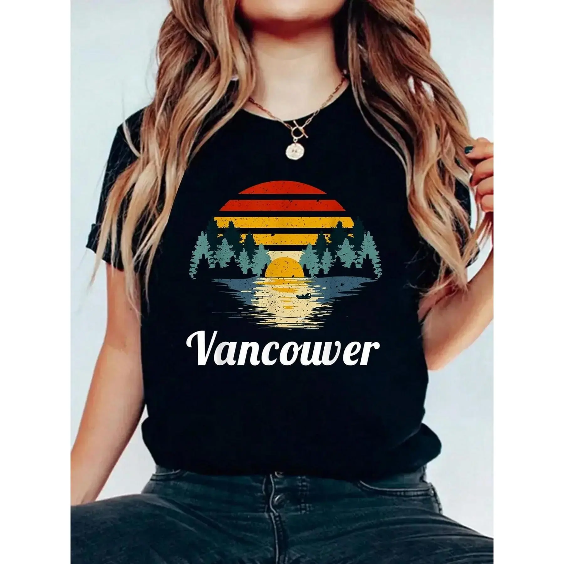 Women's Retro Digital Print T-Shirt - Vancouver Sunset Graphic, 100% Cotton, Casual Breathable Round Neck Short Sleeve Top, Digital Print Women's T-Shirts
