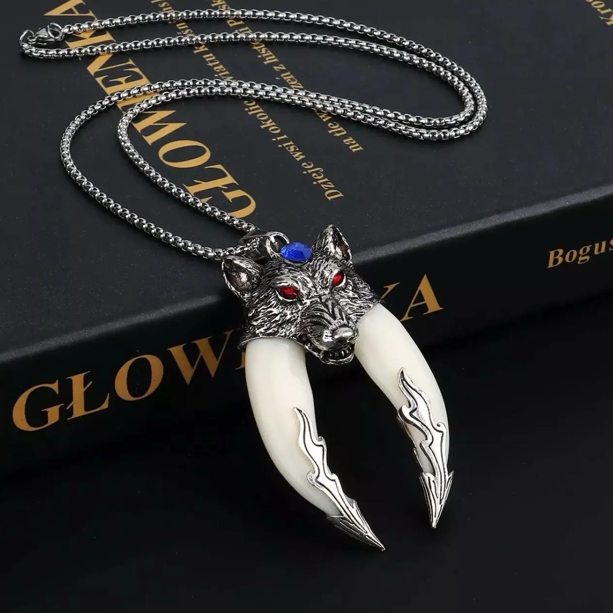 Mens Viking Wolf Head Tooth Teeth Pendant Necklace with Chain Stainless Steel