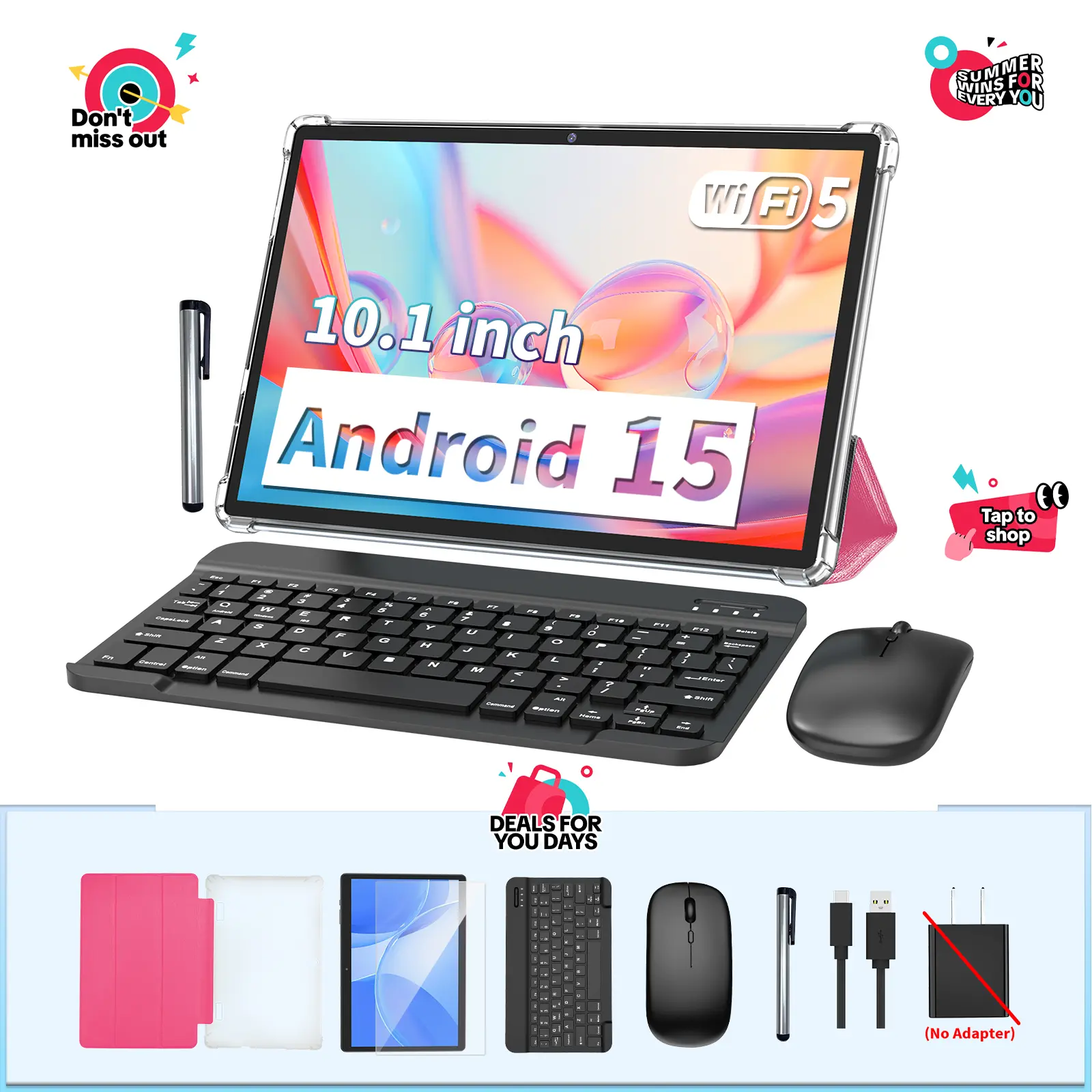 【DealsForYouDays】PYNAREL 10.1 Inch Android 15 Touch Tablet, Back to School Wireless Bundle with Keyboard, Mouse, Case, Stylus, Dual Camera (Summerwins)