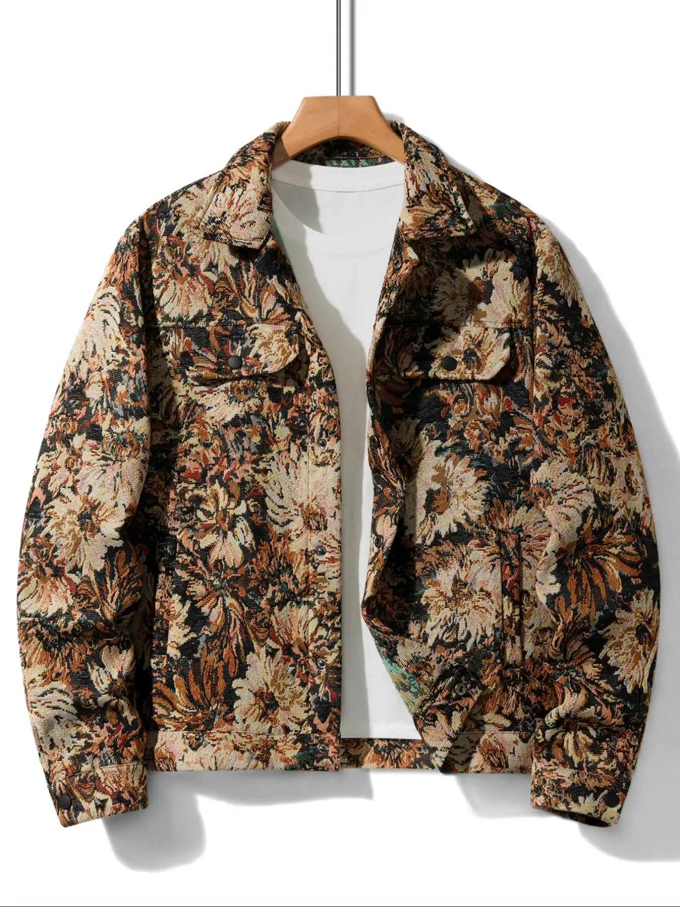 Men's Floral Print Festive Button Front Fitted Jacket Coats, Regular Fit Casual Long Sleeve Collared Outerwear for Fall & Winter, Men's Clothes for Daily Wear, Menswear