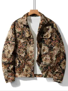 Men's Floral Print Button Front Fitted Jacket Coats, Regular Fit Casual Long Sleeve Collared Outerwear for Fall & Winter, Men's Clothes for Daily Wear