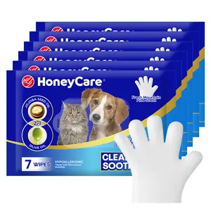[B] HoneyCare Disposable Pet Glove Wipes for Grooming Hypoallergenic No Rinse 7PCS for Dogs & Cats Removes Odors Cleanses Paws