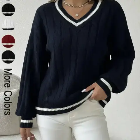 Women's Contrast Binding Drop Shoulder Cable Knit Fabric Loose Sweater, Tops, Casual Long Sleeve V-Neck Jumper for Spring & Fall, Chic Fashion Knitwear for Everyday Wear, Cozy Pullover