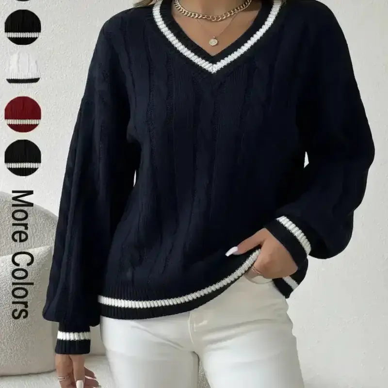 Women's Contrast Binding Drop Shoulder Cable Knit Fabric Loose Sweater, Tops, Casual Long Sleeve V-Neck Jumper for Spring & Fall, Chic Fashion Knitwear for Everyday Wear, Cozy Pullover