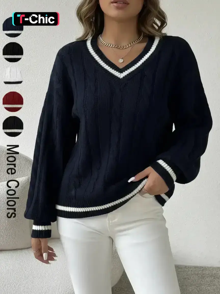 Women's Contrast Binding Drop Shoulder Cable Knit Fabric Loose Sweater, Tops, Casual Long Sleeve V-Neck Jumper for Spring & Fall, Chic Fashion Knitwear for Everyday Wear Knitting