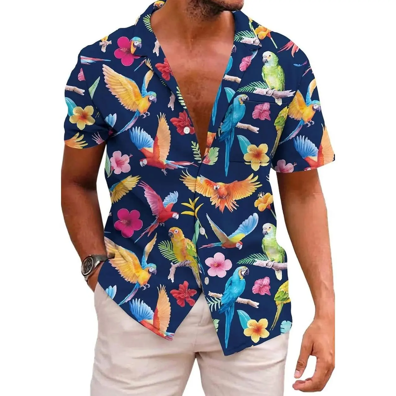 Men's Tropical Hawaiian Shirt - Short Sleeve Button Down Beach Top with Pocket