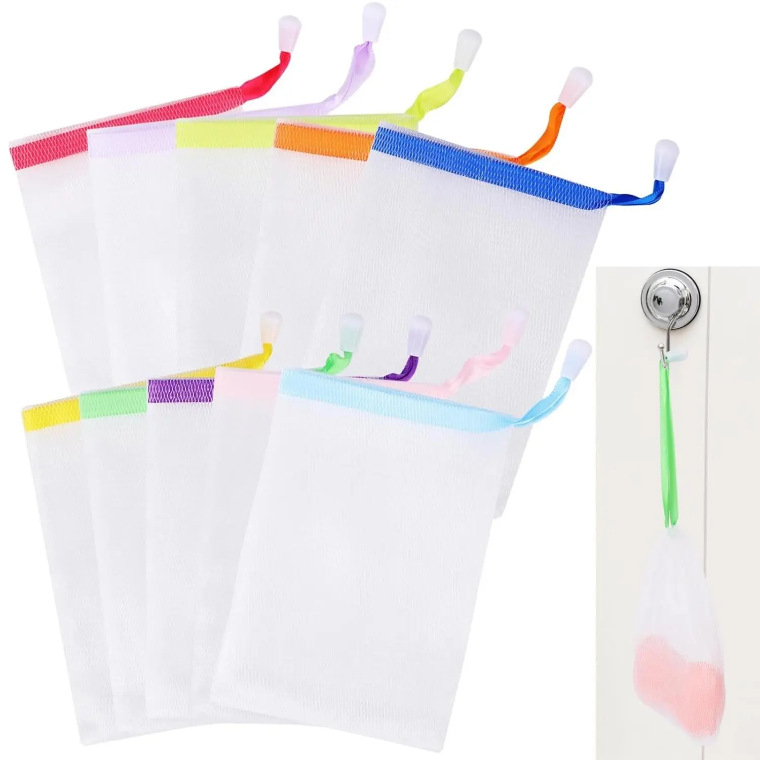 10 PCS Soap Bags Handmade Soap Bubble Mesh Bags Exfoliating Soap Saver Pouch Net Bags with Drawstring Body Facial Cleaning Tool for Bath & Shower (Assorted Colors)
