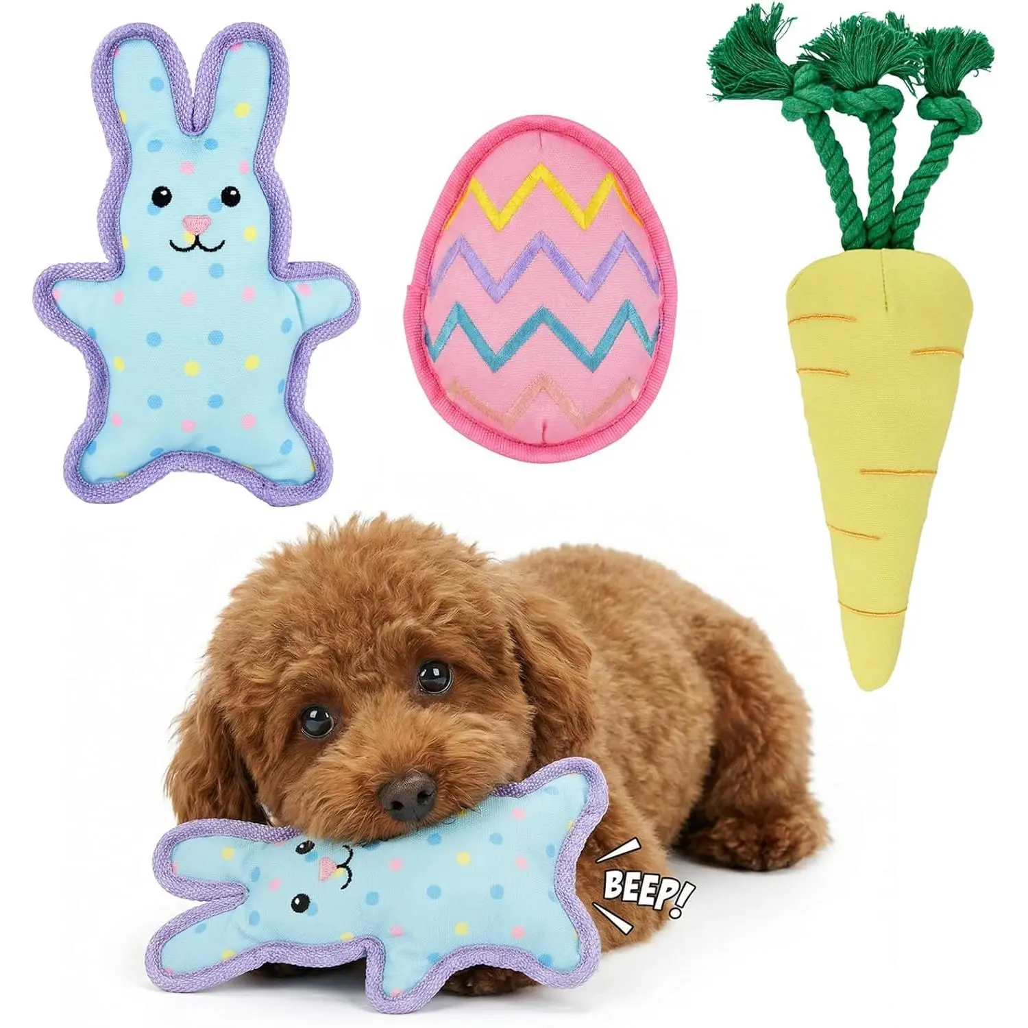 Vehomy Easter Dog Toys Set - 3 Pack Squeaky Toys for Dogs with Easter Egg, Bunny & Carrot Puppy Interactive Toy with Squeaker Dog Stuffed Teething Toy for Small Medium Dogs