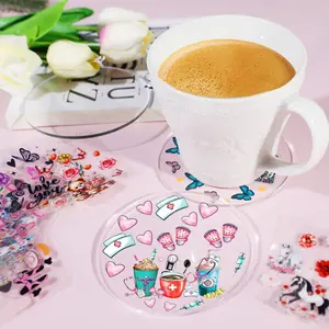 24pcs Transparent Acrylic Coasters and UV DTF Coaster Wraps Set, Random Sticker Designs, Tabletop Protection Suitable for People with Cups, Housewarming Gift