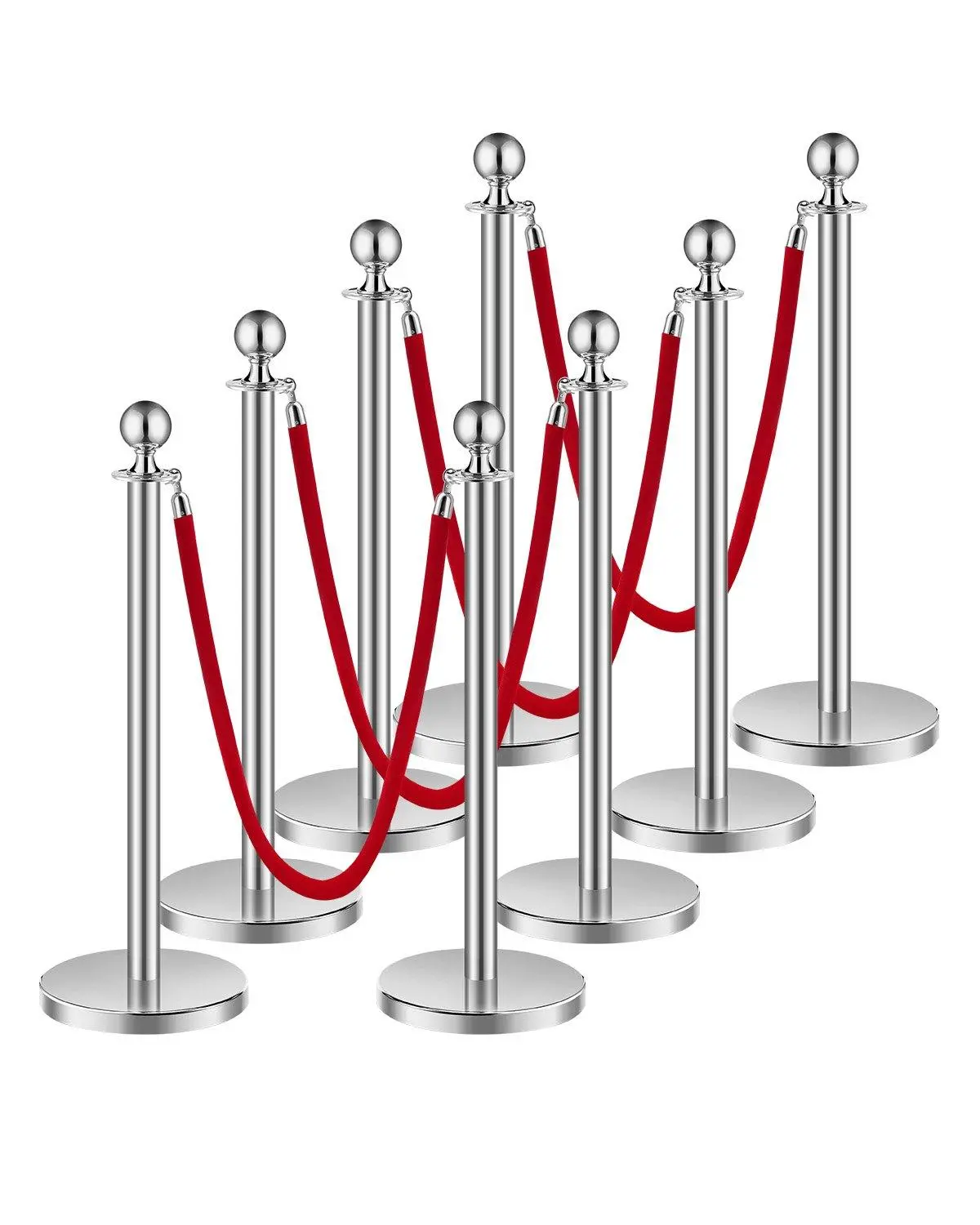 【Summerfinds】Stainless Steel Crowd Control Stanchion Set - 8 Posts with Hollow Bases, 4 Red Velvet Ropes, Red Carpet Runner Poles for Wedding, Party Decor Supplies