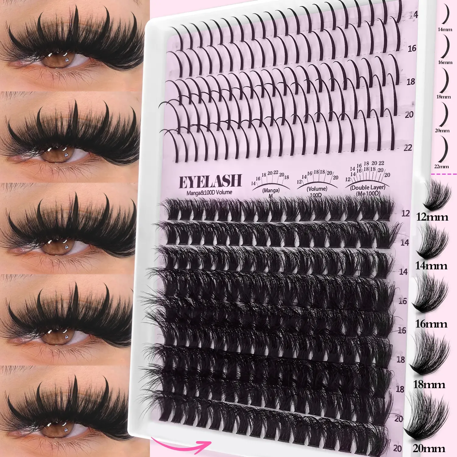 235/800Pcs Spike Eyelash Cluster, Diy Eyelash Clusters, Eyelash Extensions Set, 100D Lashes, Mixed Lengths 12-20mm Volume Thick Manga Eyelash Extensions, 5D D Curl Single Lash, False Eyelashes, Reusable & Soft False Eyelashes, Diy Individual Lashes