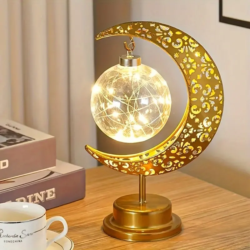 Ramadan Hollow LED Star Moon Lamp Round Ball Lamp Muslim Style Decorative Lamp Bedroom Festival Table Lamp Atmosphere Shape Lamp(Battery-operated – batteries not included)