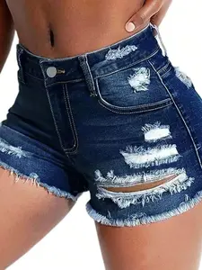 Women's Casual Everyday Fashion Sexy Elegant Dark Wash Denim Shorts, Frayed Sport Street Ripped Design, Perfect for Commuting and Campus Style